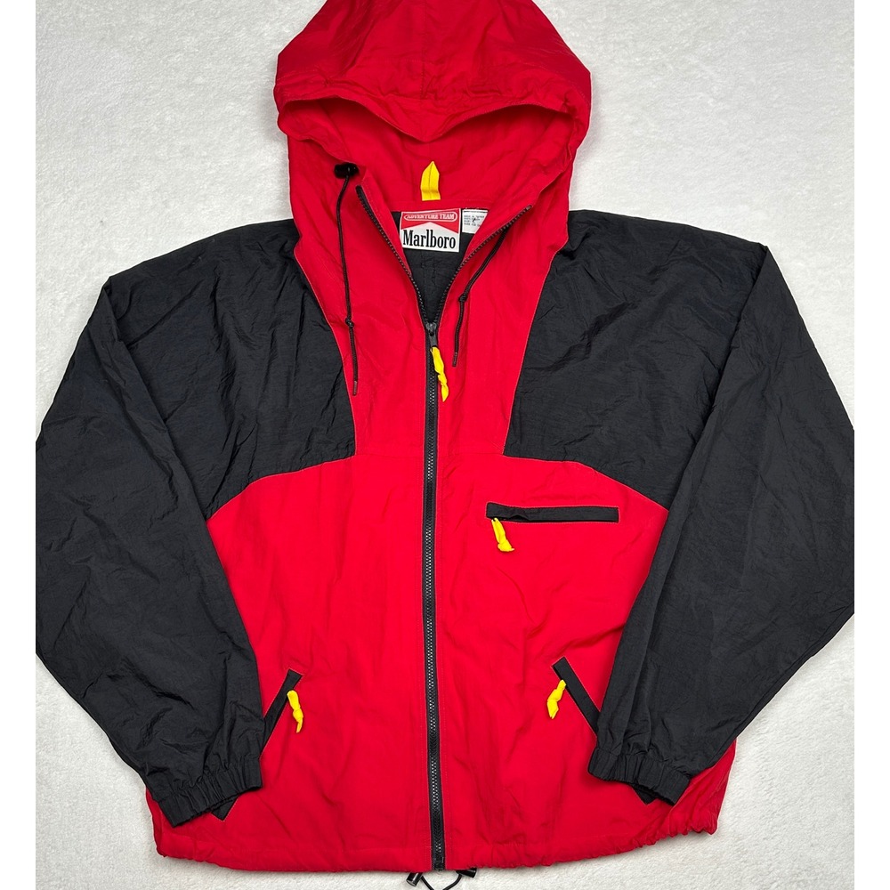Vintage Marlboro Adventure Team Red Black Nylon Windbreaker Jacket Mens Large